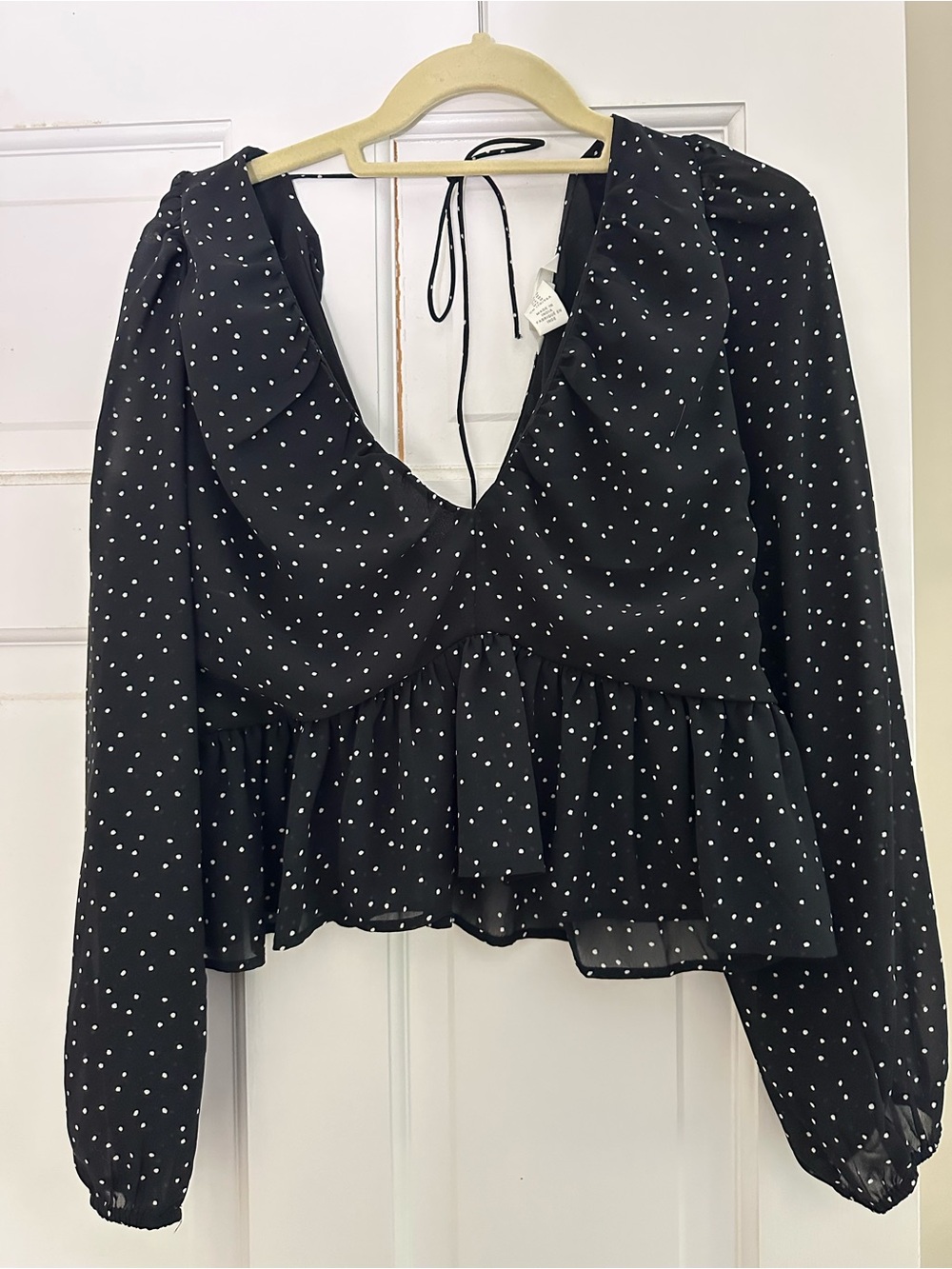 H&M Black Polka Dot Peplum Long-Sleeve Blouse